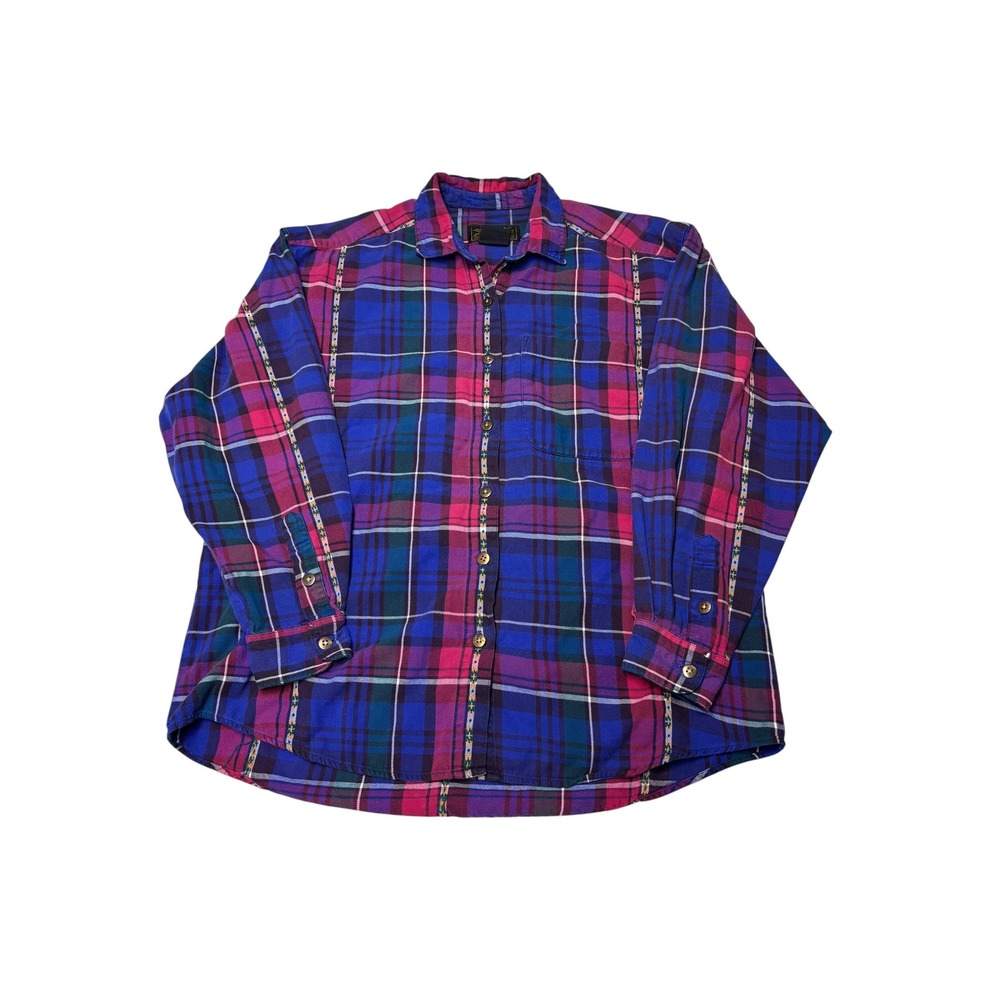 Eddie Bauer Womens Plaid Button Down Shirt Blue Magenta Geometric Trim Medium